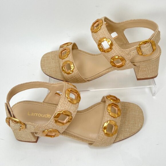 Larroudé Milan Block Heel Sandals Beige Women Brazil Raffia Sandals Size 6.5 - Picture 3 of 12